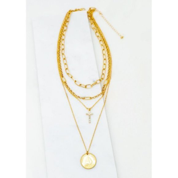 NEW 4 Layered Link Chain Sparkly Rhinestone Cross & Coin Pendant Gold Necklace - Picture 3 of 8